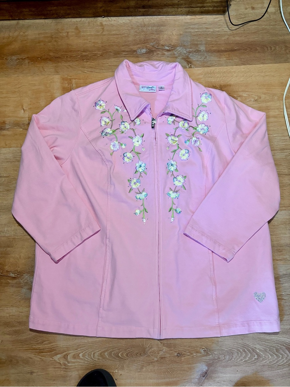 Quacker Factory Pink Embroidered Floral Rhinestone Heart Teddy Jacket
